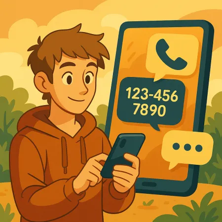 Молодий чоловік усміхається в худі, використовуючи свій смартфон, на фоні великого екрану телефону, що показує іконку дзвінка та вигаданий номер телефону (123-456-7890), у стилізованому та затишному зовнішньому середовищі.