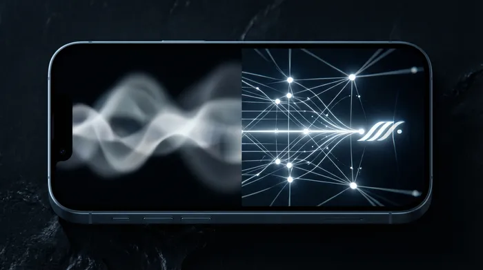 Чоловік у костюмі керує голографічним цифровим інтерфейсом мережевих даних та IP-адрес, що відображається над смартфоном.