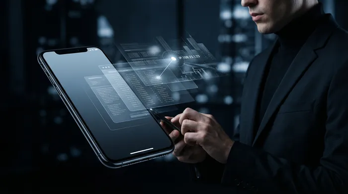 Два смартфони поруч на столі, з'єднані яскравою цифровою мережею, що символізує передачу даних між пристроями.