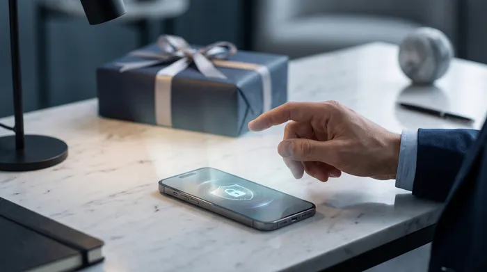 Рука тримає смартфон, на екрані якого інтерфейс обміну повідомленнями з накладеними технологічними графічними елементами, що включають замок, мікросхеми та номер телефону, ілюструючи мобільну безпеку та цифрові комунікації.