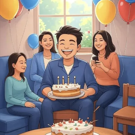 Усміхнений чоловік тримає торт з п'ятьма свічками, оточений близькими в кімнаті, прикрашеній кольоровими повітряними кулями.