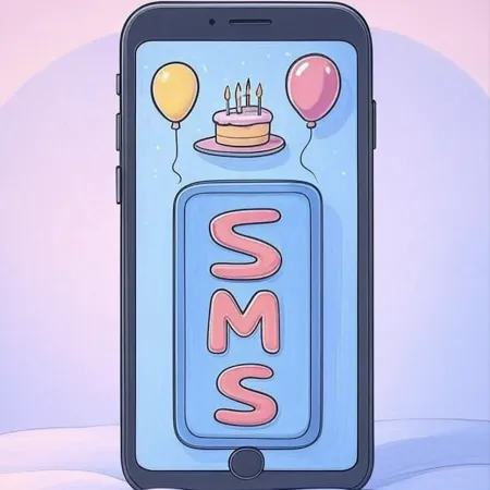 Illustration d'un écran de smartphone affichant le mot SMS en lettres bulles, accompagné d'un petit gâteau d'anniversaire et de deux ballons.