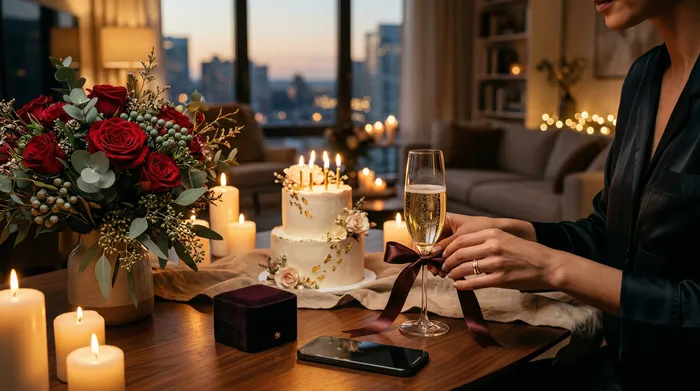 Усміхнена жінка сидить на сучасній кухні та дивиться на свій мобільний телефон, тоді як двоє чоловіків на задньому плані підносять їй святкові торти із запаленими свічками.